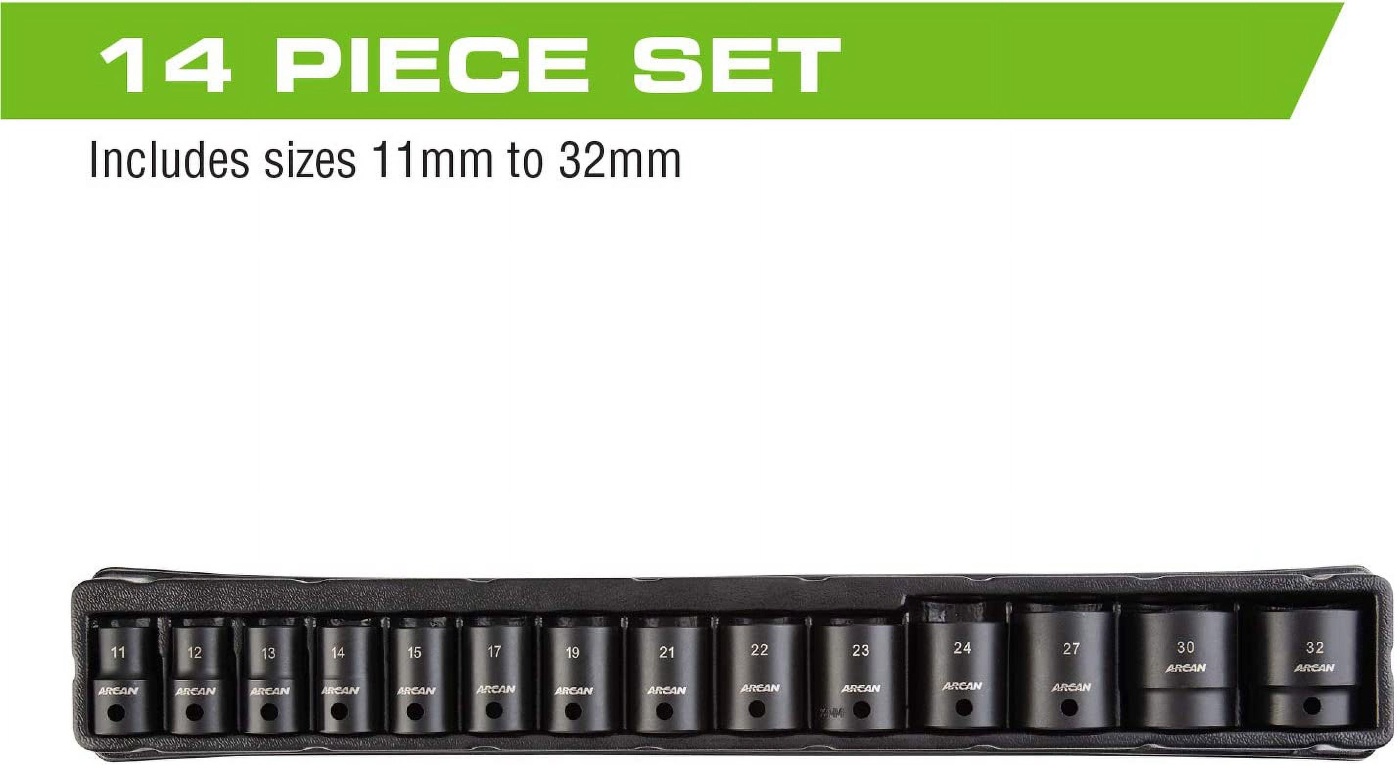 RGHJAR-TOOLS 1/2" Drive Shallow Impact Socket Set, Metric, 11mm - 32mm, 14 Pieces (AS21214M)