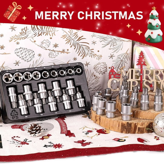 RGHJAR-TOPLINE 19-Piece 1/2 Drive E-Torx Socket Set and Torx Bit Socket Set, with Storage case, Premium CR-V Steel, E10-E24, T20-T70, E Socket Set for Mechanic and Home Repair