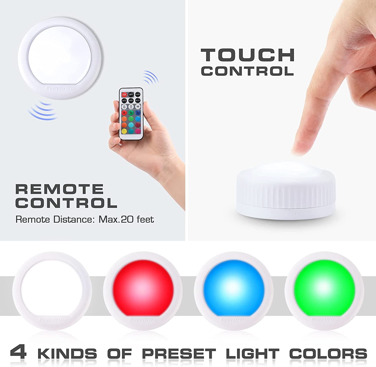 RGHJAR-Tap Light, Push Light, LED Puck Lights with 12 RGB Colors, Wireless Touch Light Under Cabinet, 80 Lumens Night Light for Closet, Bedroom, Wall, Classroom, 18 AAA Batteries Included, 6-Pack