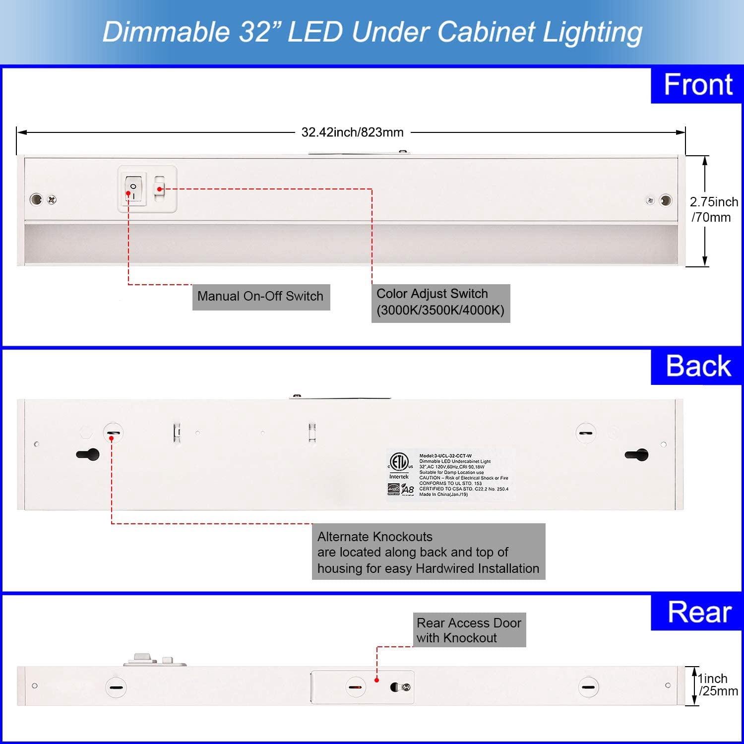 RGHJAR-Tianyoelec 3-in-1 Color Temperature, Dimmable LED Under Cabinet Lighting, Hardwired or Plug in, 3000K/3500K/4000K, CRI90, ETL Listed, 120V 18W 1350 Lumens, White, 32-inch