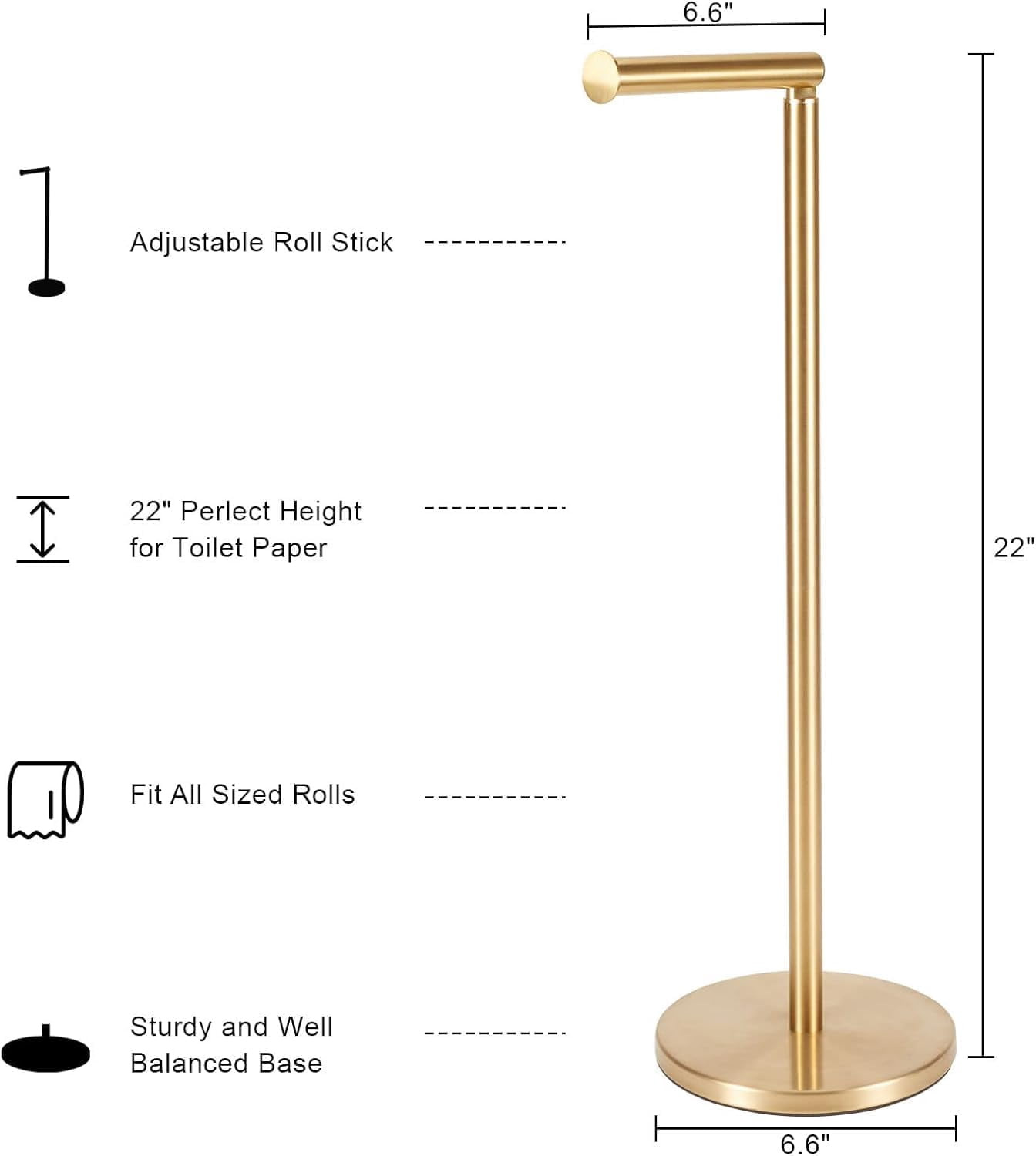 RGHJAR-Toilet Paper Holder Stand, 22inch Bathroom Toilet Paper Stainless Steel Pedestal Tissue Roll Holder, Free Standing Toilet Paper Holder for 3-4 Rolls（Gold）