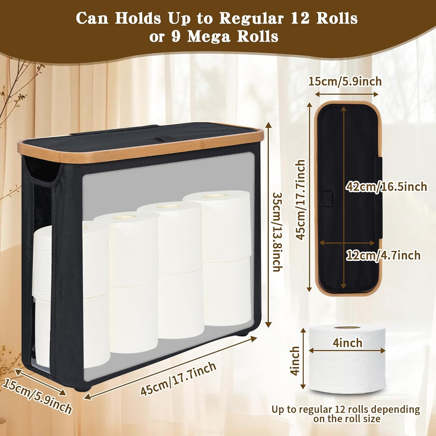 RGHJAR-Toilet Paper Storage Basket with Lid - The Ultimate Bathroom Organizer, Free Standing Toilet Paper Holder for Up to 9 Mega Rolls, Toilet Tissue Storage Bin with Handle for RV Closet, Black