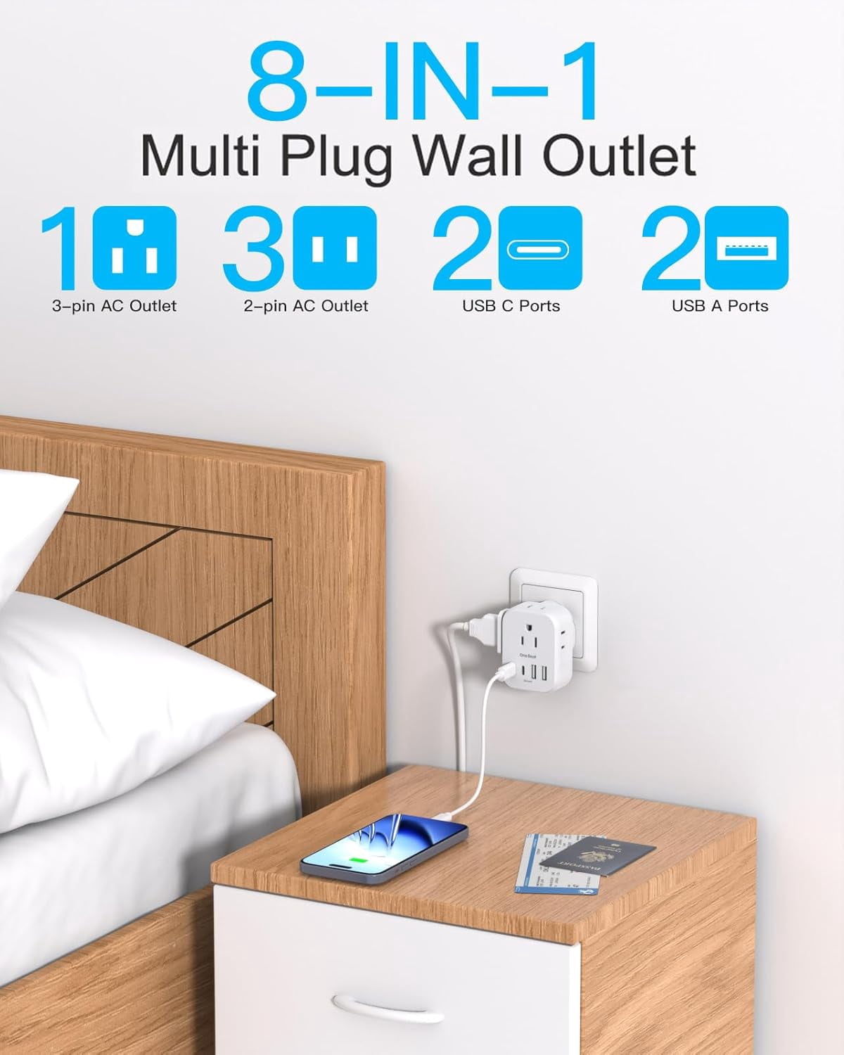 RGHJAR-Travel Cruise Ship Essentials, Multi Plug Wall Outlet Extender with 4 Outlets 4 USB (2 USB-C), Cruise Approved Power Strip Non Surge Protector, Plug Adapter, Travel Cruise Must Have Accessorie