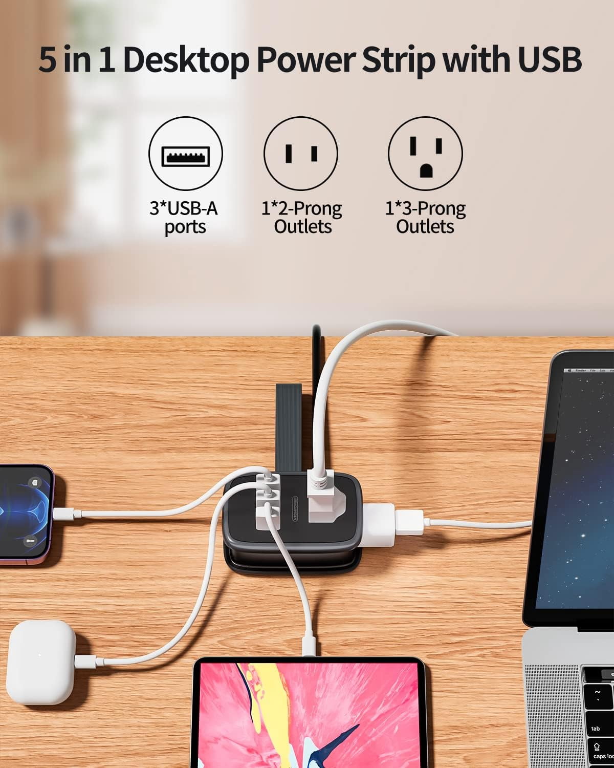 RGHJAR-Travel Power Strip with USB Ports, Portable Small Power Strip with 3FT Wrapped Flat Plug Extension Cord, 2 Outlets 3 USB Ports, Non Surge Protector for Cruise Ship Hotel Black