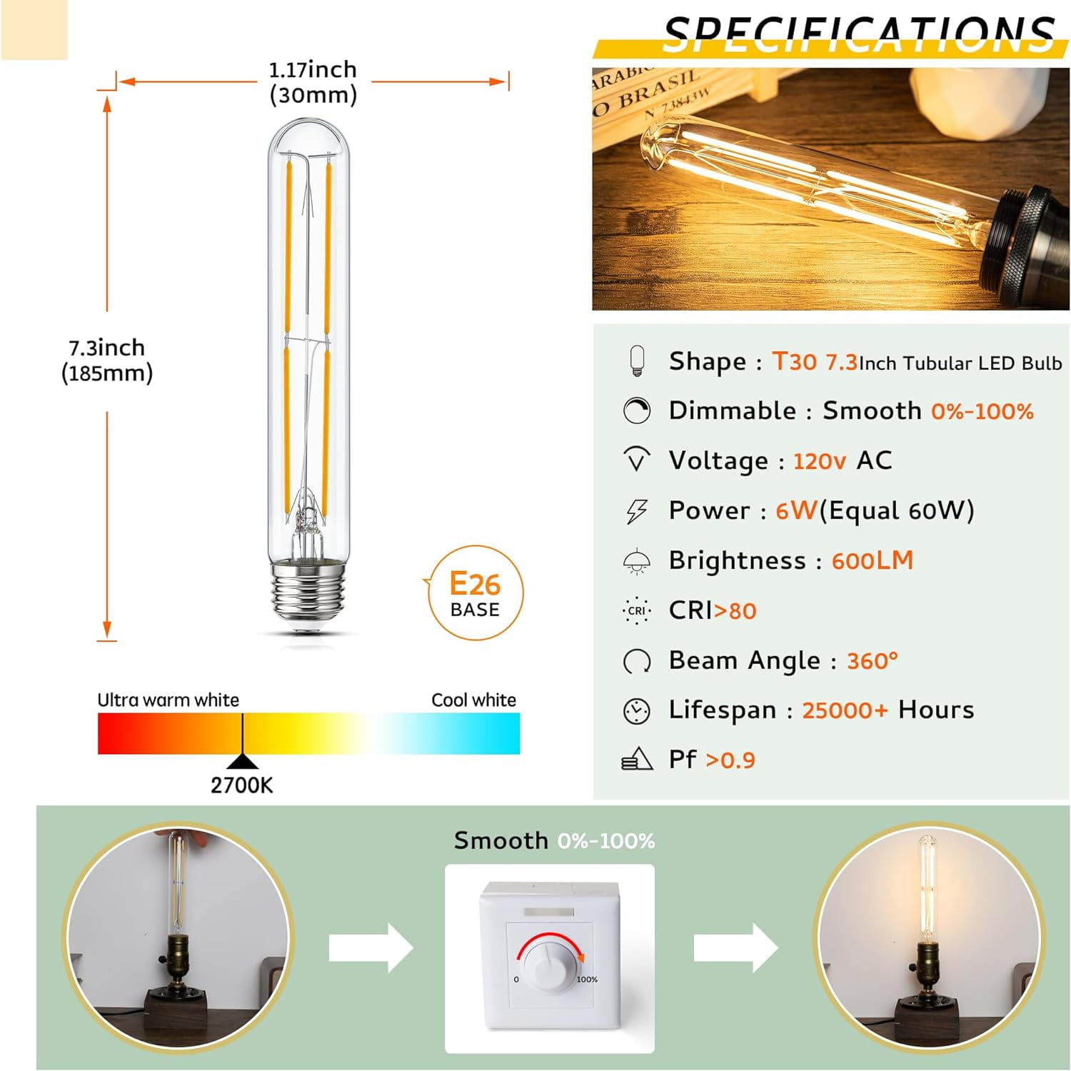 RGHJAR-Tubular Light Bulb 7.3 Inch Dimmable T10 LED Bulb E26 6W 60 Watts Edison Bulbs 2700K Solf White,185mm Long for Wall Sconces, Pendant, Livingroom, 4-Pack