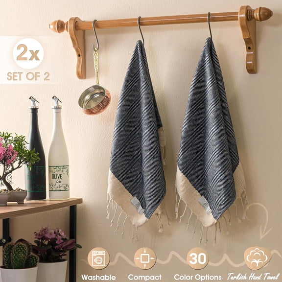RGHJAR-Turkish Hand Towels - Set of 2 | 18" x 30" Decorative Boho Guest Bath Towel for Bathroom, Kitchen, Face, Hair, Tea, Dishcloth (Herringbone, Dark Blue)
