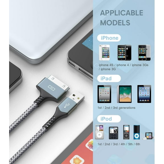 RGHJAR-USB to 30 Pin Charging Cable 6.6ft 2-Pack, USB Fast Charging & Sync Data Cable Nylon Braided Cord Compatible iPhone 4/4s/3G/3GS, iPad 1 2 3,iPod Touch 4 3 2 1, iPod Classic 3 2 1-Grey