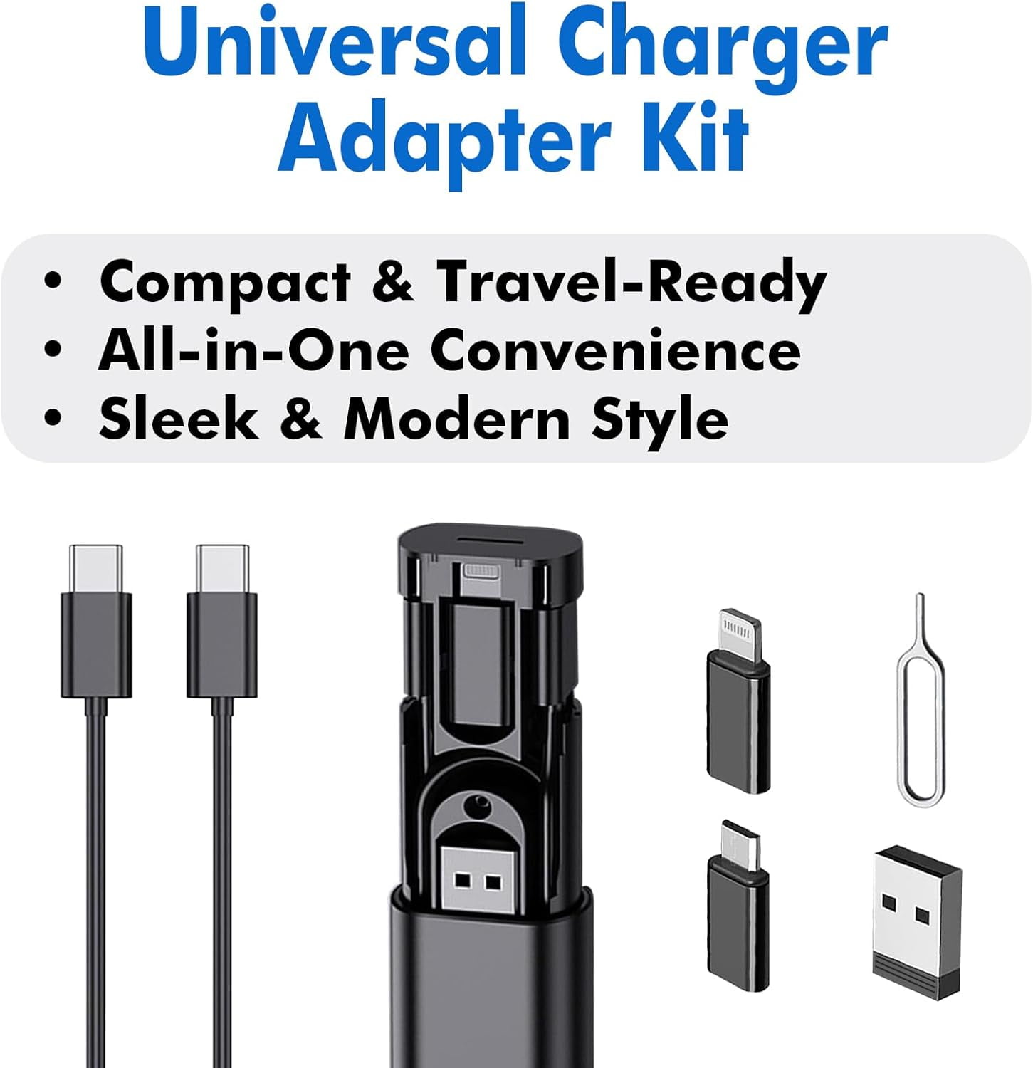 RGHJAR-USB C Adapter OTG Cable Kit, L Connector to Type C Converter Case, Conversion Set A Type C L Micro USB Adapter Kit, 60W Charging & Data Transfer Cable Set w/SIM Tray Eject Tool, Black