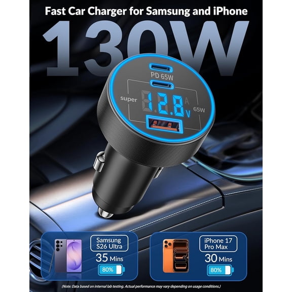 RGHJAR-USB C Car Charger, 3-Port 130W Type C Super Fast Charging Car Phone Charger Adapter Accessories with Voltage Display Cigarette Lighter for iPhone 17/16/15/14/13/12, iPad, Galaxy S26/S25/S24, A