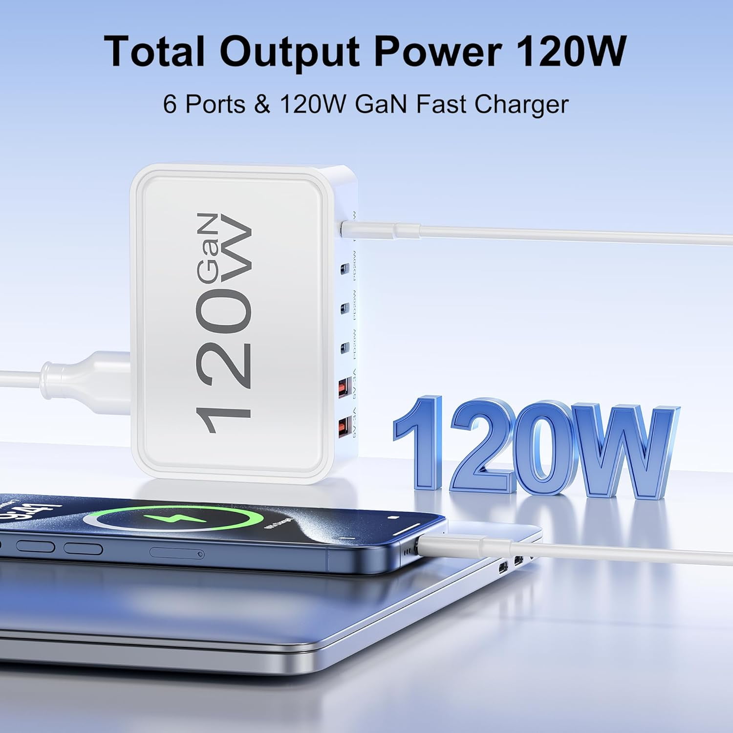 RGHJAR-USB C Charger Block,120W GaN 6 Port Type C Fast Charging Station Hub,5FT Cord USB C Wall Charger Adapter Plug for iPad, iPhone 17, 16, 15, 14, 13, 12 Pro Max, Pixel, Galaxy and More