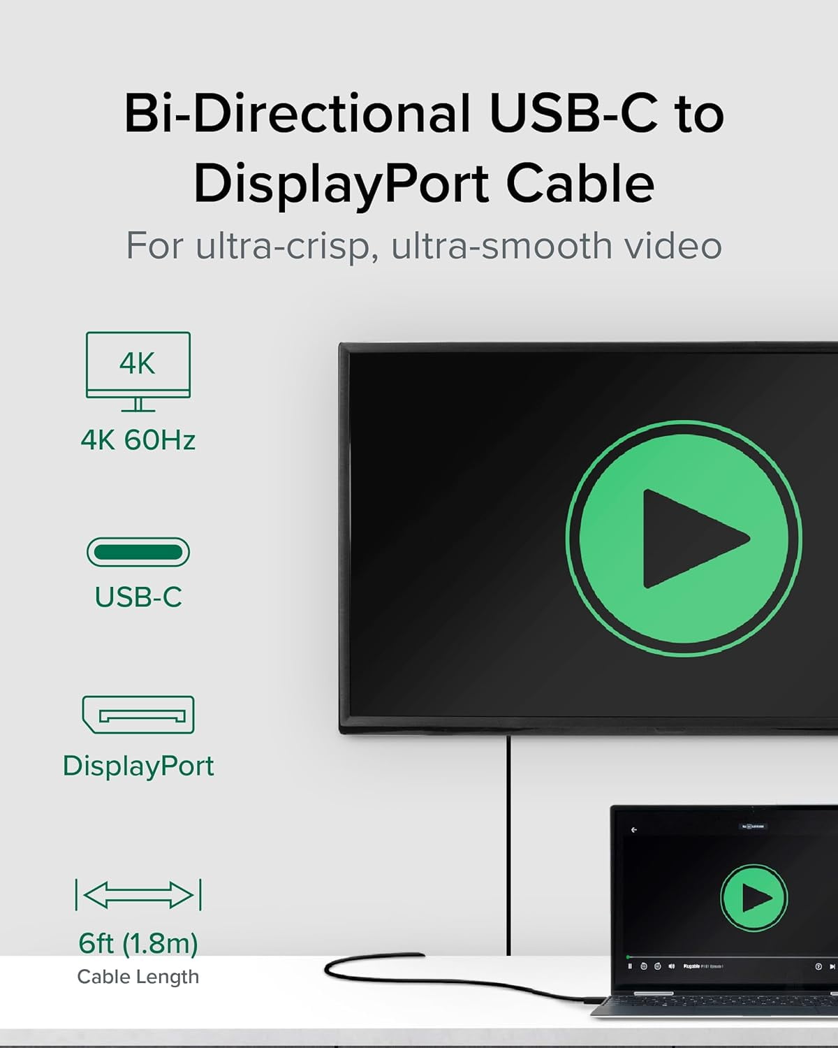 RGHJAR-USB C to DisplayPort Bi Directional Cable 6 feet (1.8m), Up to 4K at 60Hz, USB C DisplayPort Cable - Compatible with Thunderbolt and USB-C - Driverless