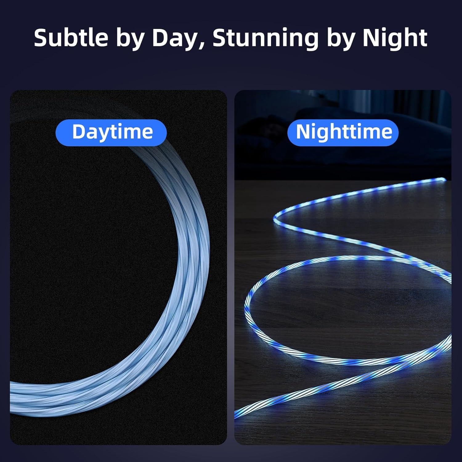 RGHJAR-USB C Flowing LED Charging Cable, Light Up Fast Charger Cord for iPhone 16/15, Galaxy, iPad, Android, Glowing Night Visible Cable with Flowing Light, Fast Charge & Sync (Blue, 6.6FT)