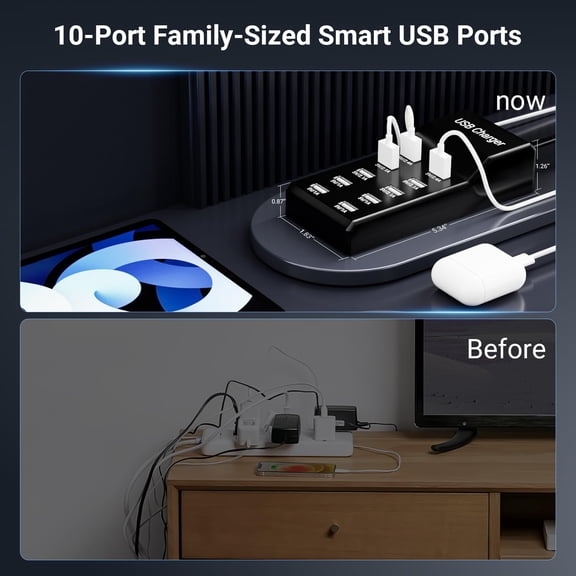 RGHJAR-USB Charging Station 50w10A 10-Port Charger, Multiport Charger Hub, Compatible with iPhone, Galaxy, iPad Tablet, and Other DevicesBlack