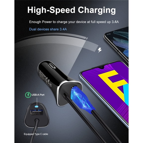RGHJAR-USB Type C Car Charger, 2Pack 3.4A/3ft USBC Car Charger Adapter TypeC Power Cable Line for iPhone 17e/17/16E/16/16 Pro/15 Pro Max Plus Samsung Galaxy A17 5G S26 S25 S24 Ultra A16 Google Pixel