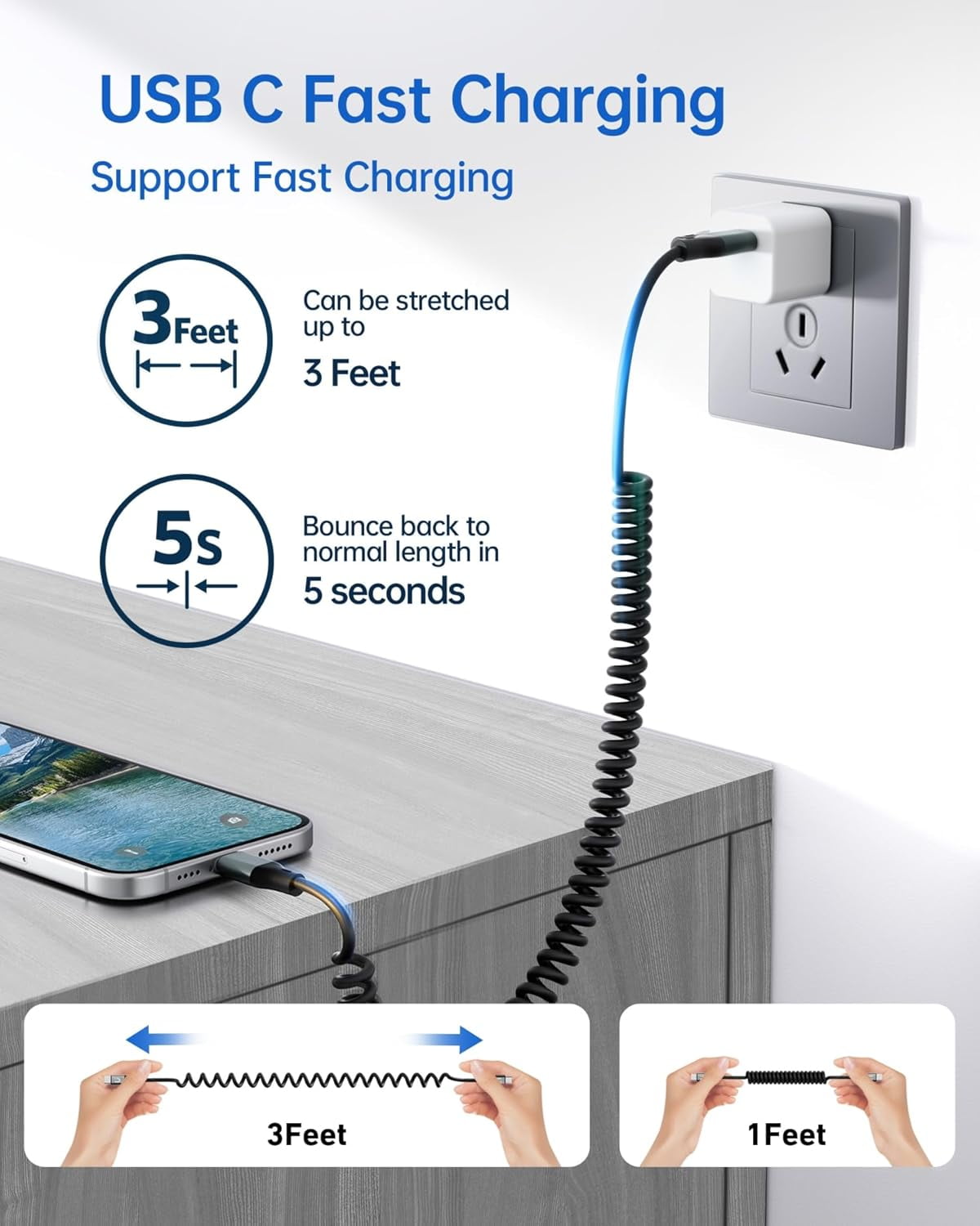 RGHJAR-USBC to USBC Cable for Car, 3FT Coiled USB Type C Charge Cable Fast Charging, 2Pack Short USB-C Cable Compatible with iPhone 17/16/15/Samsung Galaxy S20 S10 S9 Plus Note 10 9 8 and More USB C