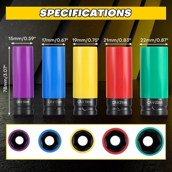 RGHJAR-Ultimate Wheel Protector Impact Socket Set | 1/2 Inch Drive Lug Nut Socket, Non-Marring Thin Wall Design, CR-V Alloy, Color-Coded Protective Sleeve, 6-point(15 17 19 21 22 mm)