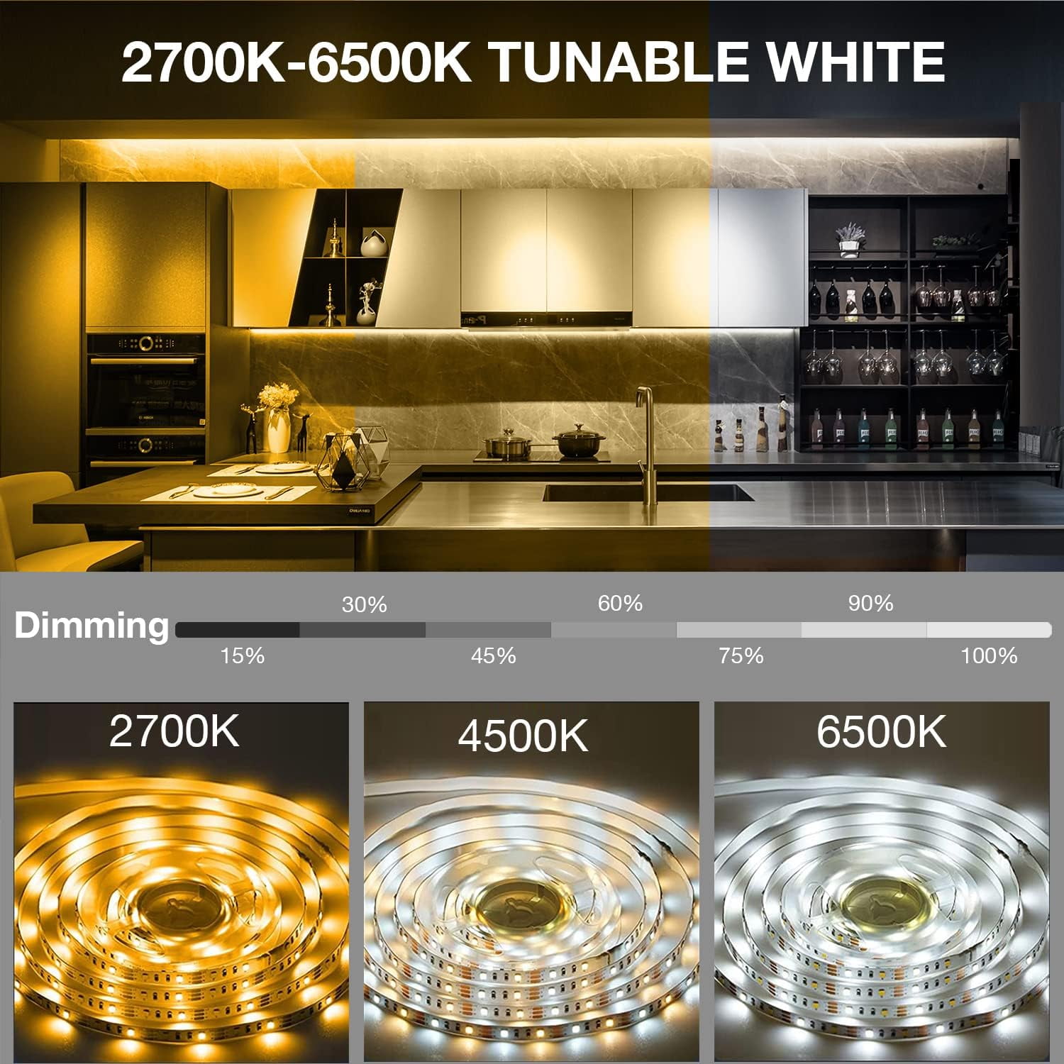 RGHJAR-Under Cabinet Lights, 6 PCS Under Cabinet Lighting with Remote, Dimmable LED Strip Lights for Bedroom, LED Lights for Kitchen Cabinet, Counter Shelf 2700K-6500K Warm to Daylight White, 9.8ft