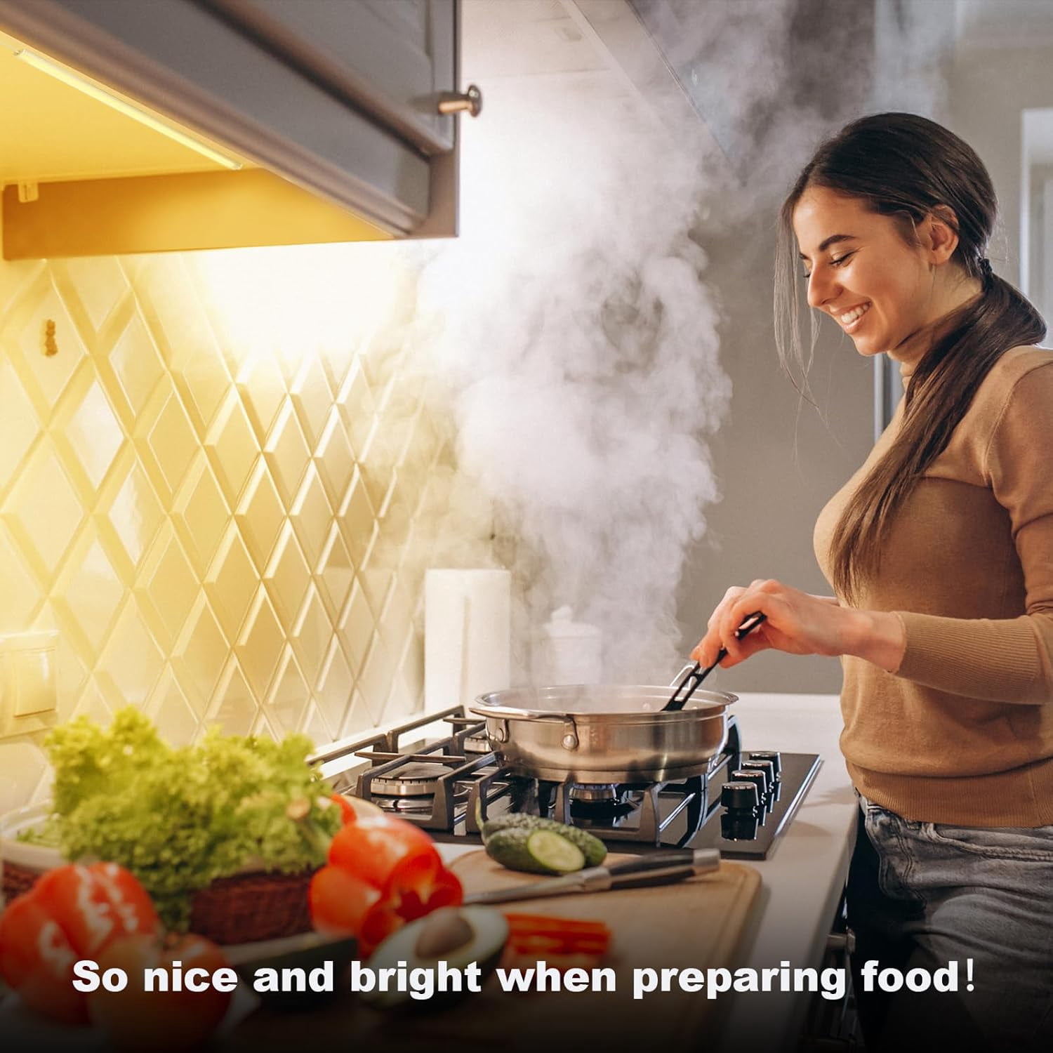 RGHJAR-Under Cabinet Lights Plug-in, 4 Pack x 12inch Warm White 3000K LED Under Cabinet Lighting, Dimmable Under Counter Lights with Memory Function, LED Light Bars for Kitchen Pantry Desk