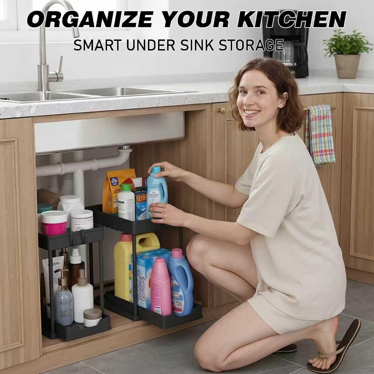 RGHJAR-Under Sink Organizer 2 Pack,Bathroom Under Cabinet Storage with Pull Out Sliding Drawers for Kitchen Organization,12.8 Inch,Black