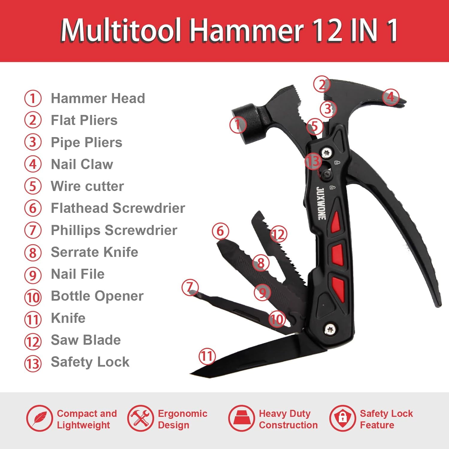 RGHJAR-Unique Gift, Pocket Knife Multitool, Hammer 12-in-1, Folding Knife, Outdoor Survival Gear, Camping Multi-tool, Pliers, Knives, Saw, Screwdriver, with dual safety locks, with Nylon Sheath