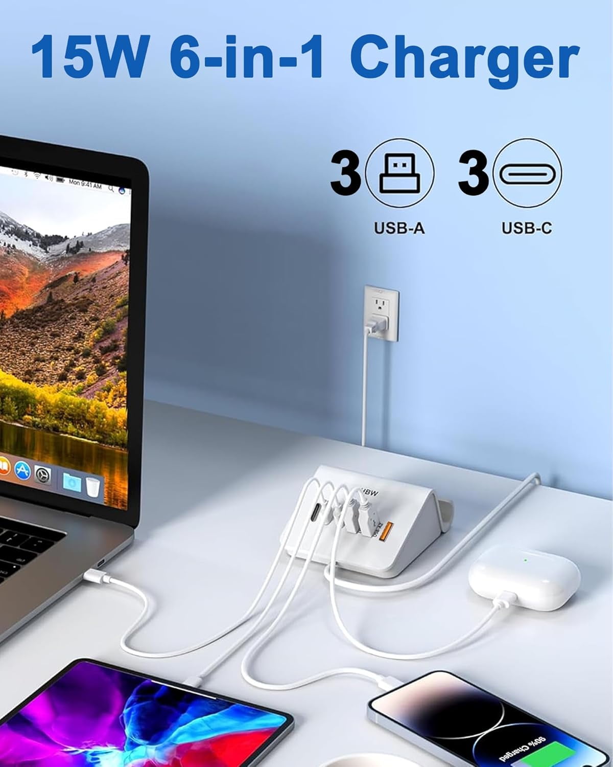 RGHJAR-VHBW USB Charging Station, 6 Port 3USB-A and 3USB-C Charging Station for Multiple Devices, Multi USB Nightstand Charger Station with Phone Stand (ETL Listed, 6Ft Extension Cord, White)