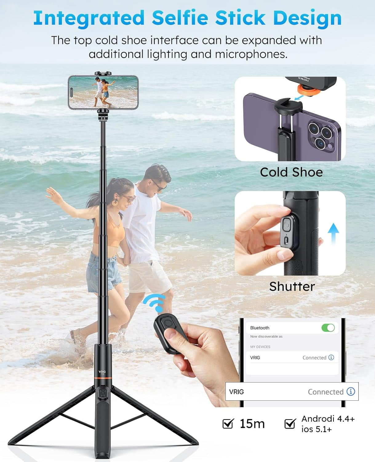 RGHJAR-VRIG 63" Phone Selfie Stick Tripod,Extendable Cell Phone Tripod Stand with Wireless Remote, Portable Adjustable Tripod Stand for Recording Travel, Compatible with iPhone17 16 15 Android Camera