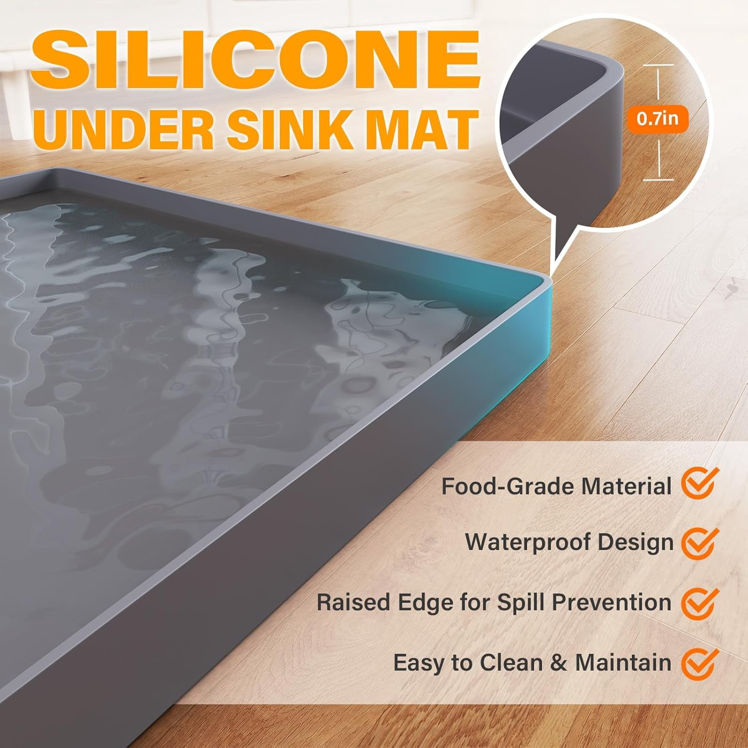RGHJAR-Waterproof Under Sink Mat 34" x 22" Shelf Liner for Kitchen and Bathroom, Cabinet Protector, Organizers and Storage, Flexible Silicone Drip Tray