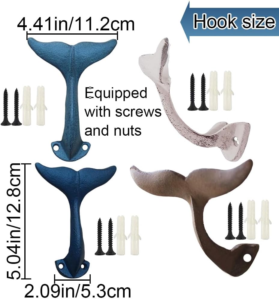 RGHJAR-Whale Tail Coat Hooks,Command Strips Hook,Vintage Cast Iron Whale Decorative Wall Hooks for Hanging Towel,Hat,Scarves,Keys-Perfect for Nautical Bathroom Decor,Garage,Entryway,Closet,Bedroom,Do