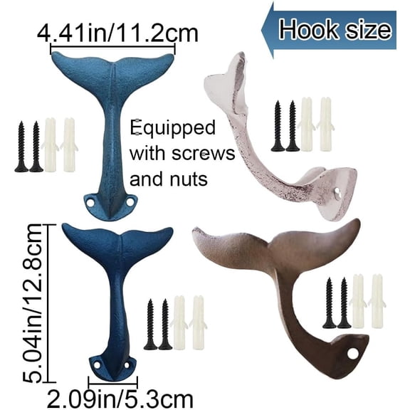 RGHJAR-Whale Tail Coat Hooks,Command Strips Hook,Vintage Cast Iron Whale Decorative Wall Hooks for Hanging Towel,Hat,Scarves,Keys-Perfect for Nautical Bathroom Decor,Garage,Entryway,Closet,Bedroom,Do