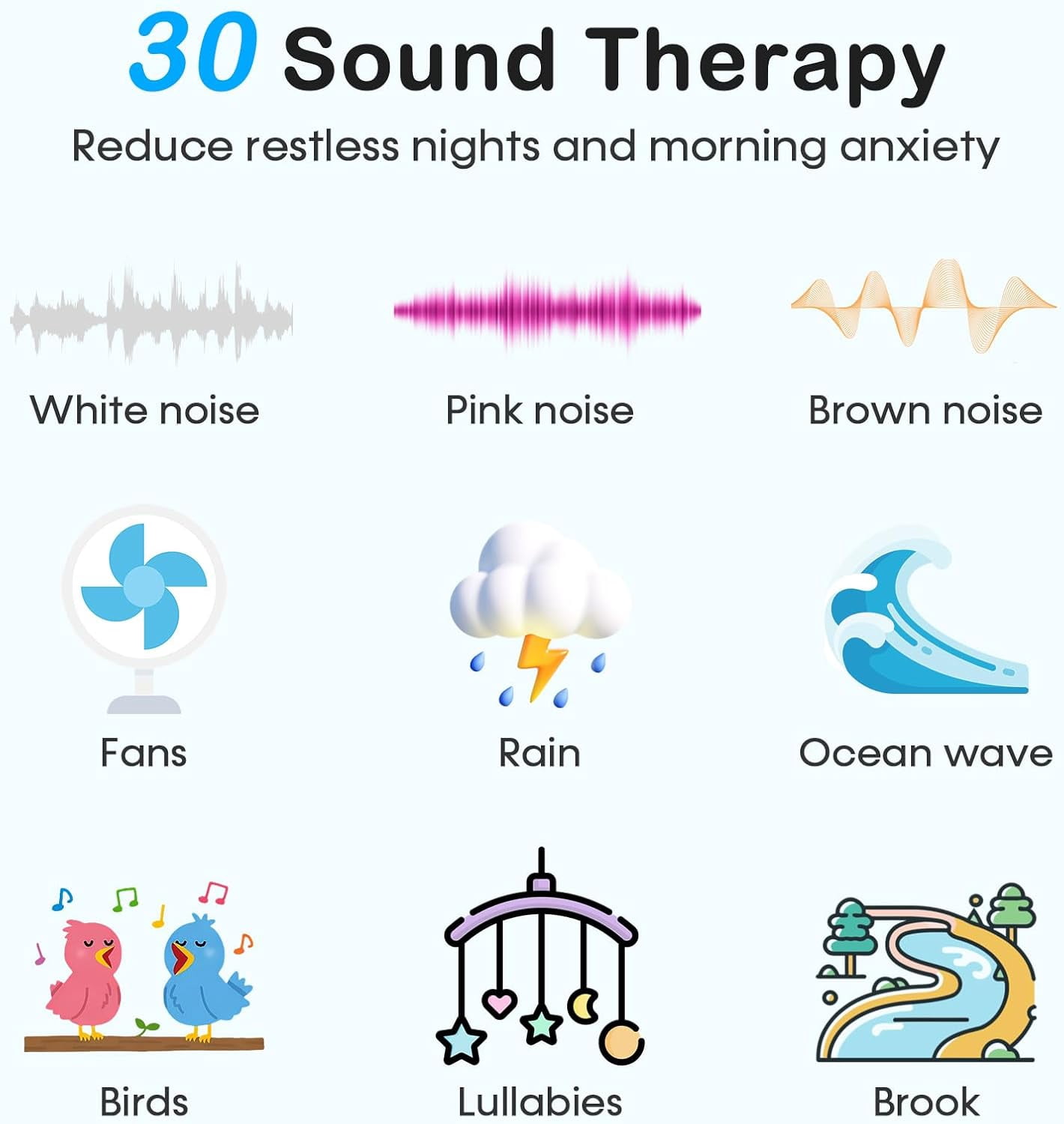 RGHJAR-White Noise Sound Machine: 30 Non-Looping Sleep Sound Therapy for Adults - Noise Canceling for Bedroom, Adjustable Night Light & Timer, Built-in Alarm Clock