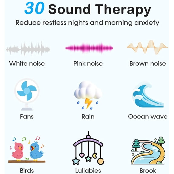 RGHJAR-White Noise Sound Machine: 30 Non-Looping Sleep Sound Therapy for Adults - Noise Canceling for Bedroom, Adjustable Night Light & Timer, Built-in Alarm Clock