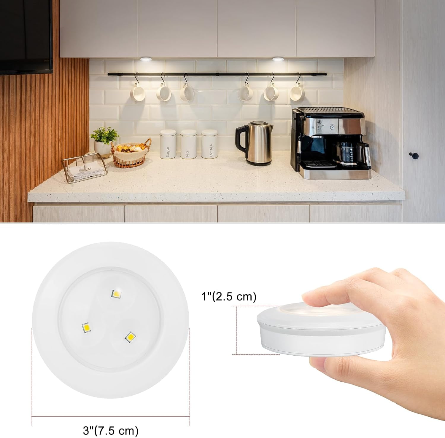 RGHJAR-Wireless LED Puck Lights, Touch Activated Tap Ligh Push Light, Battery Operated Stick On Lights for Under Cabinet, Kitchen, Closet & Counters, 6-Pack, White