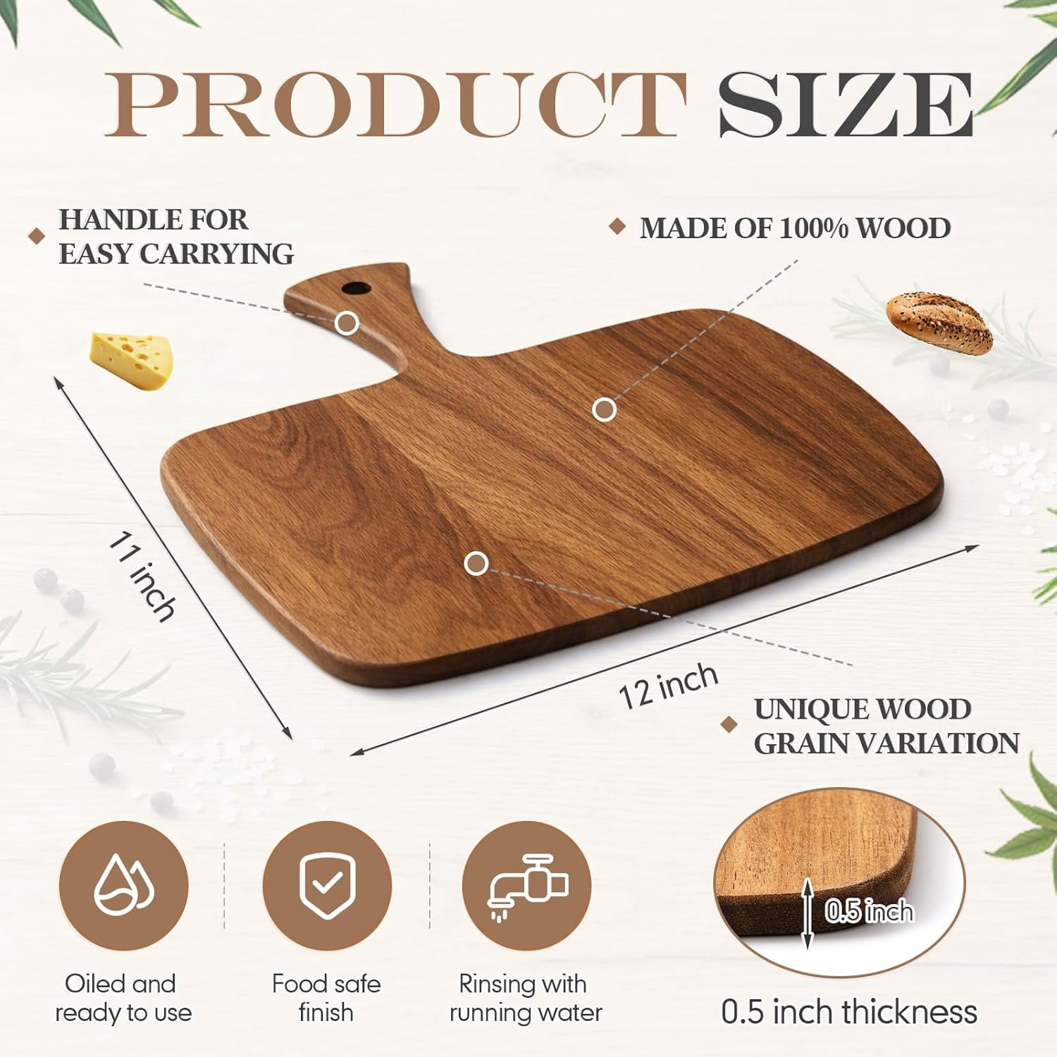 RGHJAR-Wood Cutting Board with Handle 12x11x0.47 Inch Acacia Bamboo Wooden Serving Kitchen Chopping Boards for Pizza, Bread, Cheese, Charcuterie, Fruit, Vegetables(1 Pcs, Acacia)