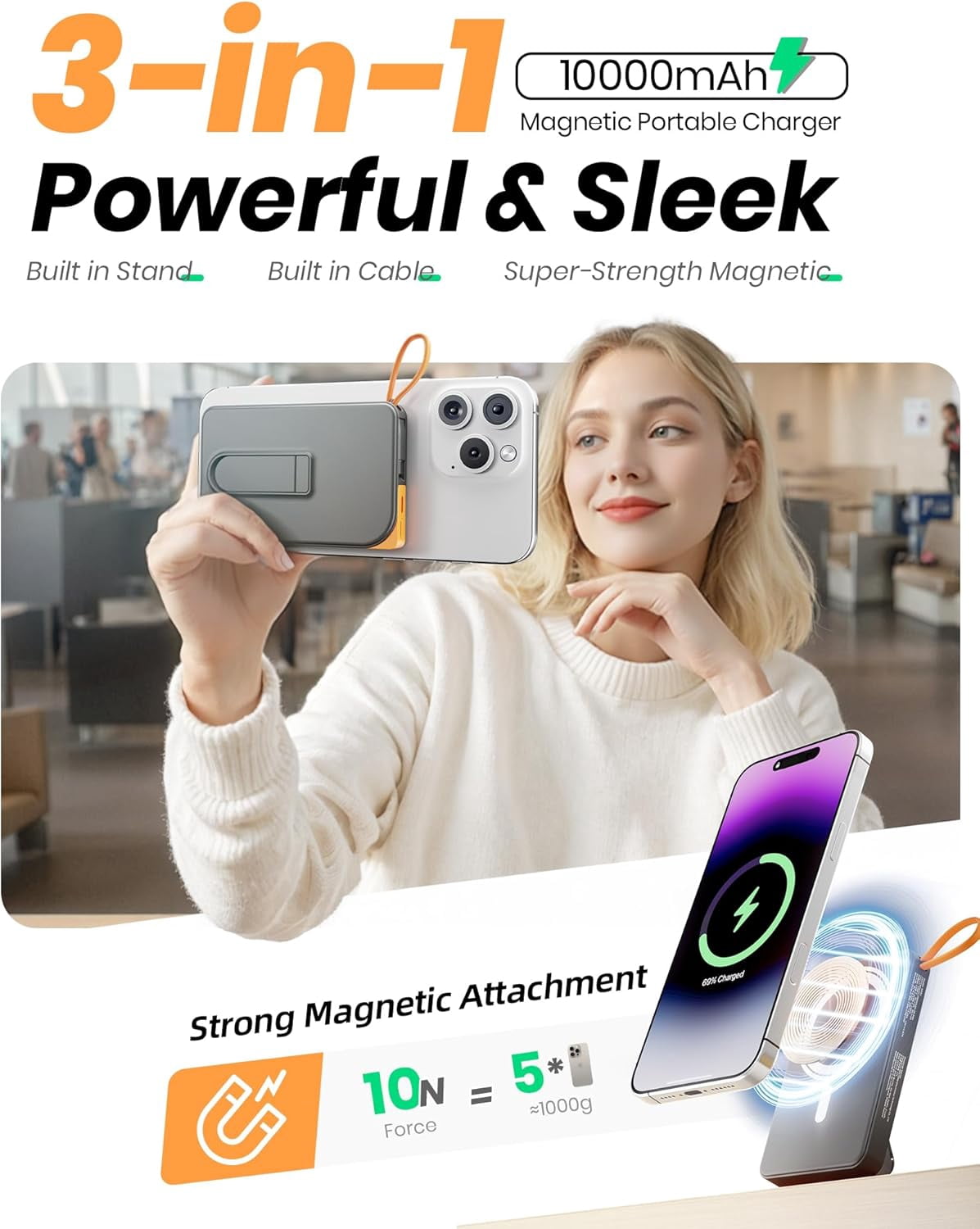 RGHJAR-for Magsafe Portable Charger, 3-in-1 Magnetic Power Bank with Stand, 10000mAh Wireless Battery Pack Fast Charging with Built in Cable(USB C), Powerbank for iPhone17/16/15/14/13 Travel & Daily,