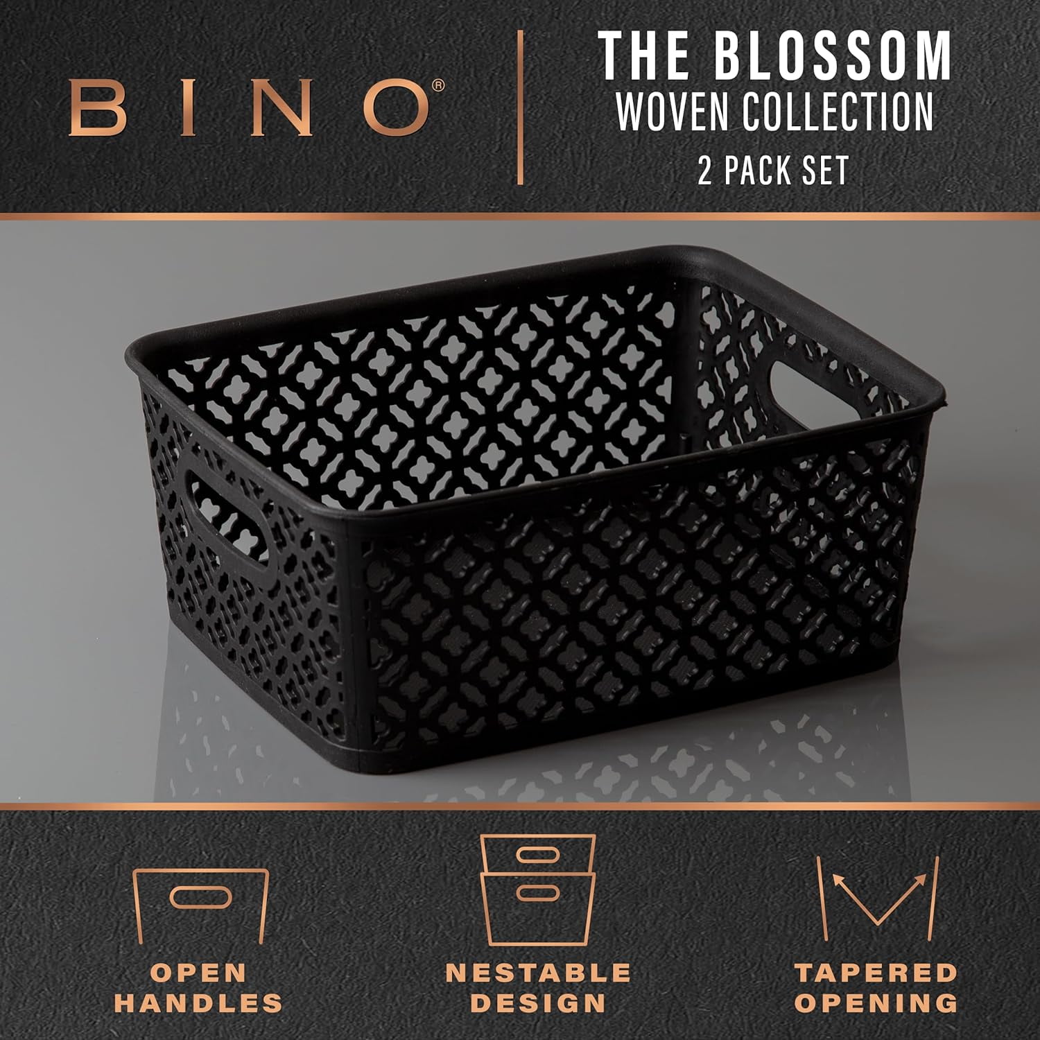 RGHJAR-l Plastic Storage Baskets, Medium - Black | THE BLOSSOM COLLECTION l Multi-Use Organizer Bin l Built-in Handles l Plastic Woven Basket for Organizing l Pantry & Home Organizing Basket