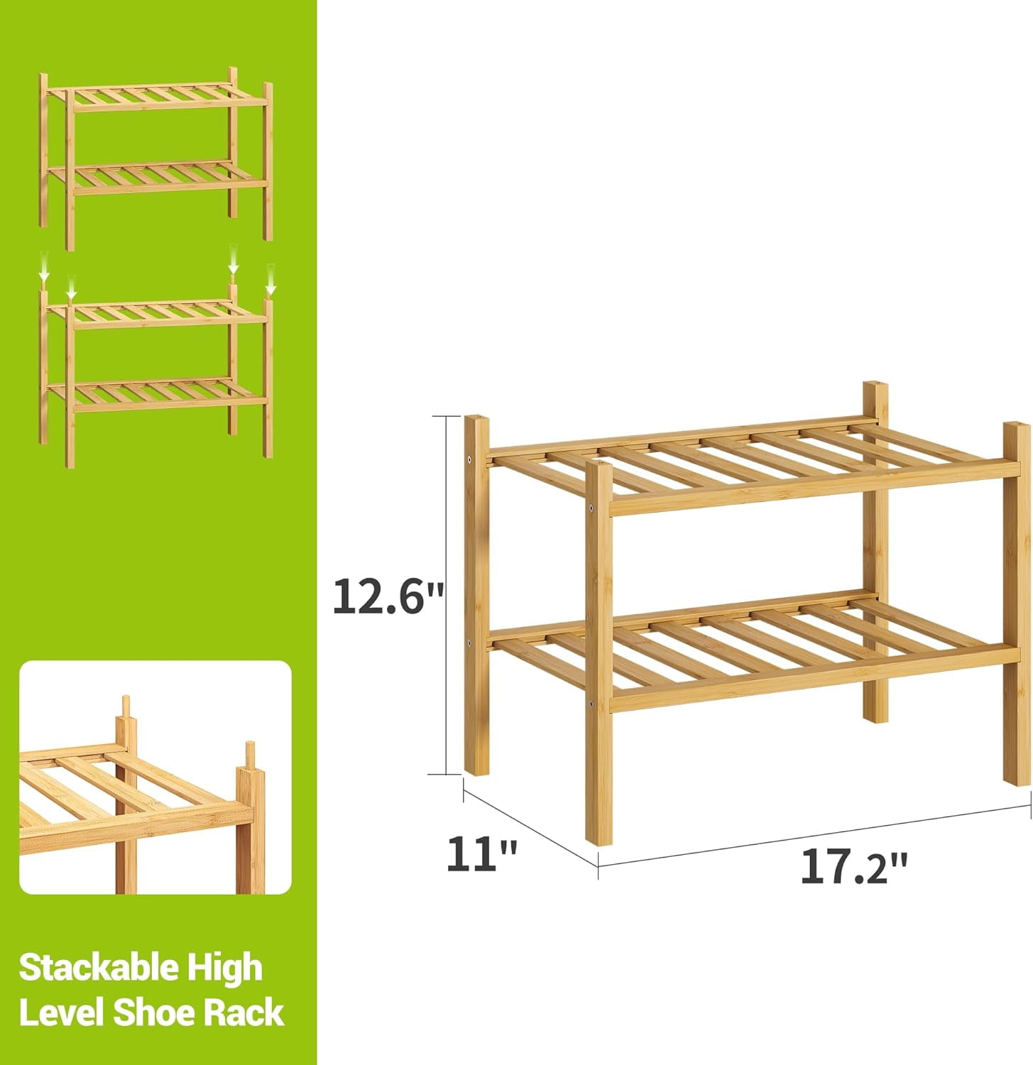 RGRVFD-2-Tier Bamboo Small Shoe Rack Premium Stackable Shoe Shelf ...