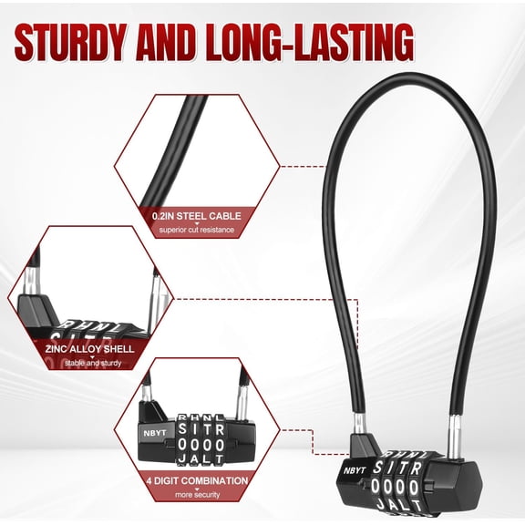 RGRVFD-Cable Locks with Letters, Text, Words Combination,Steel Cable Rope Wire Combination Lock with Resettable Code for Bikes, Lockers, File Cabinets, Wardrobes, Fences,gate Lock, Pool Padlock.