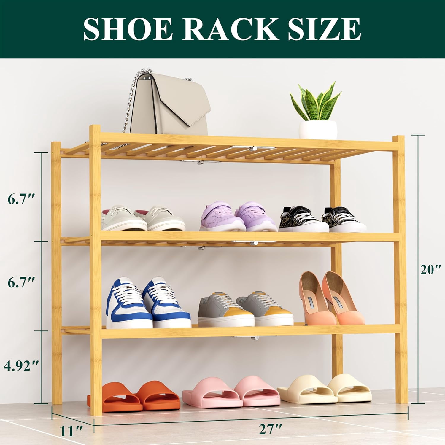 RGRVFD-Shoe Rack, 3 Tier Thick Bamboo Shoe Organizer, Stackable Free ...