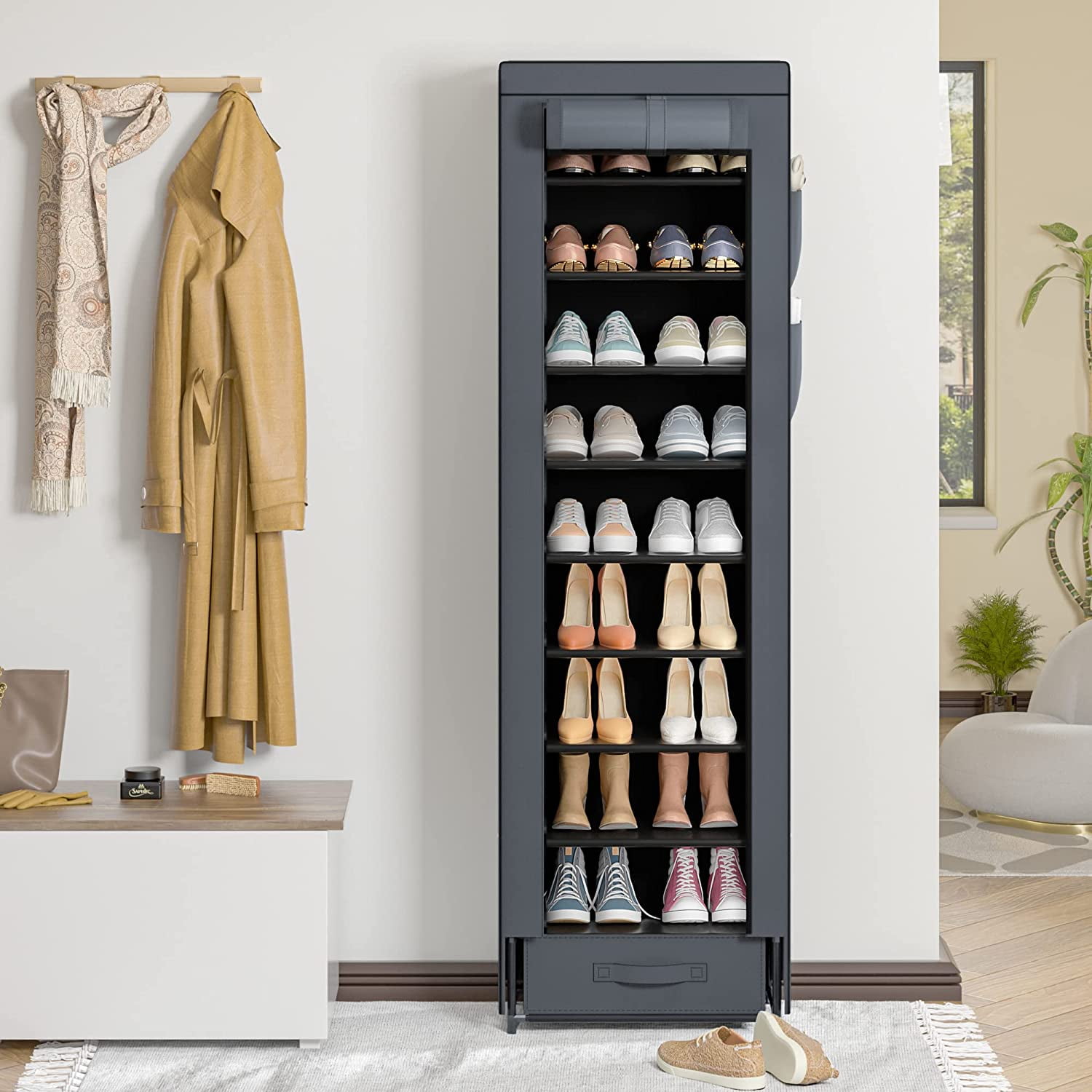 RGRVFD-Shoes Rack 10 Tier Tall Narrow Shoe Rack with Bin Covered Shoe ...