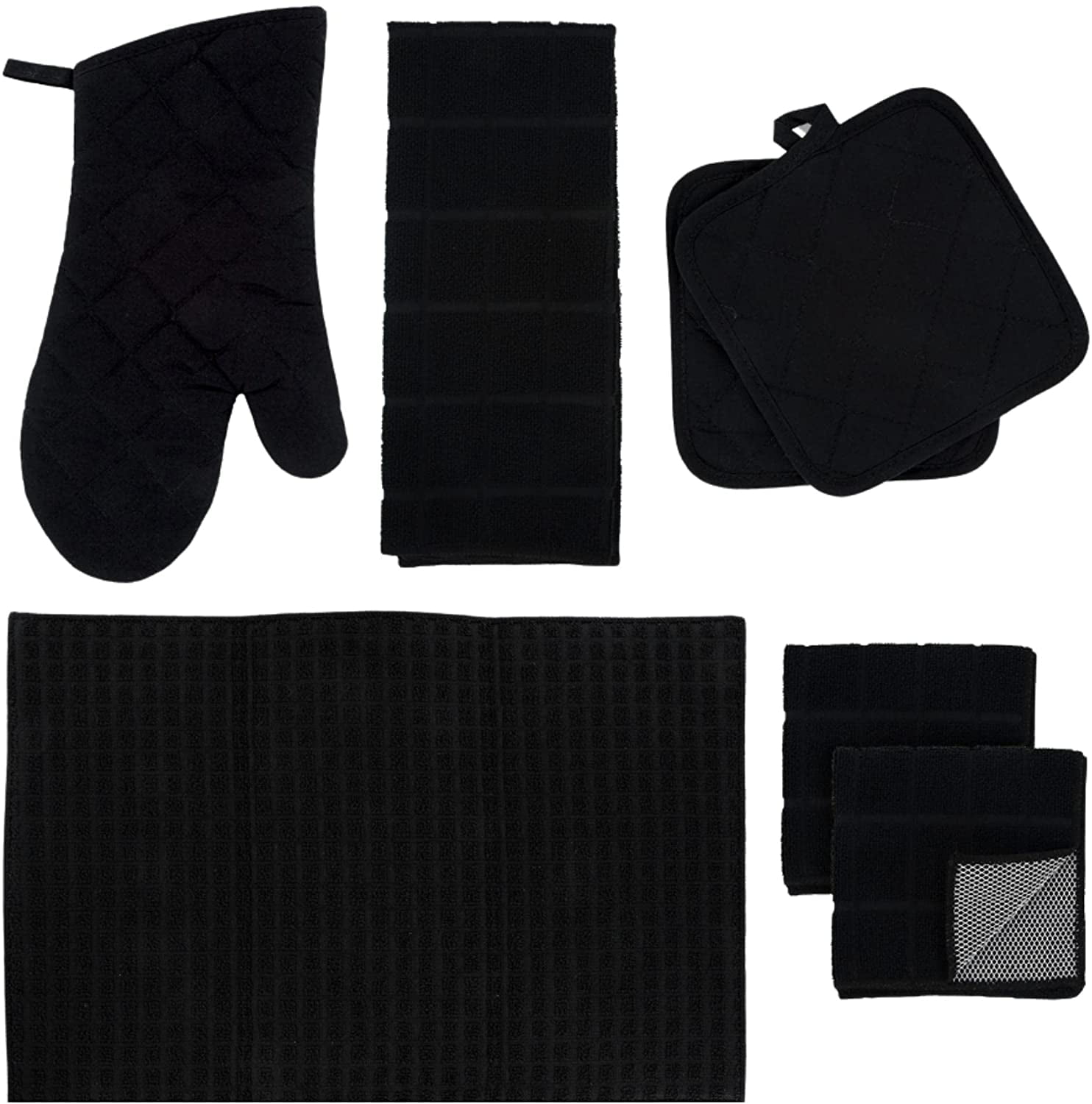RGSB Kitchen Towel Home Collection, Quilted Pot Holders Oven Mitts Dish Drying Mat & Microfiber Scrubber for Home Kitchen Cooking Baking Decorative Dishcloth Gift Set of 6 Black with Free RGSB Spatula