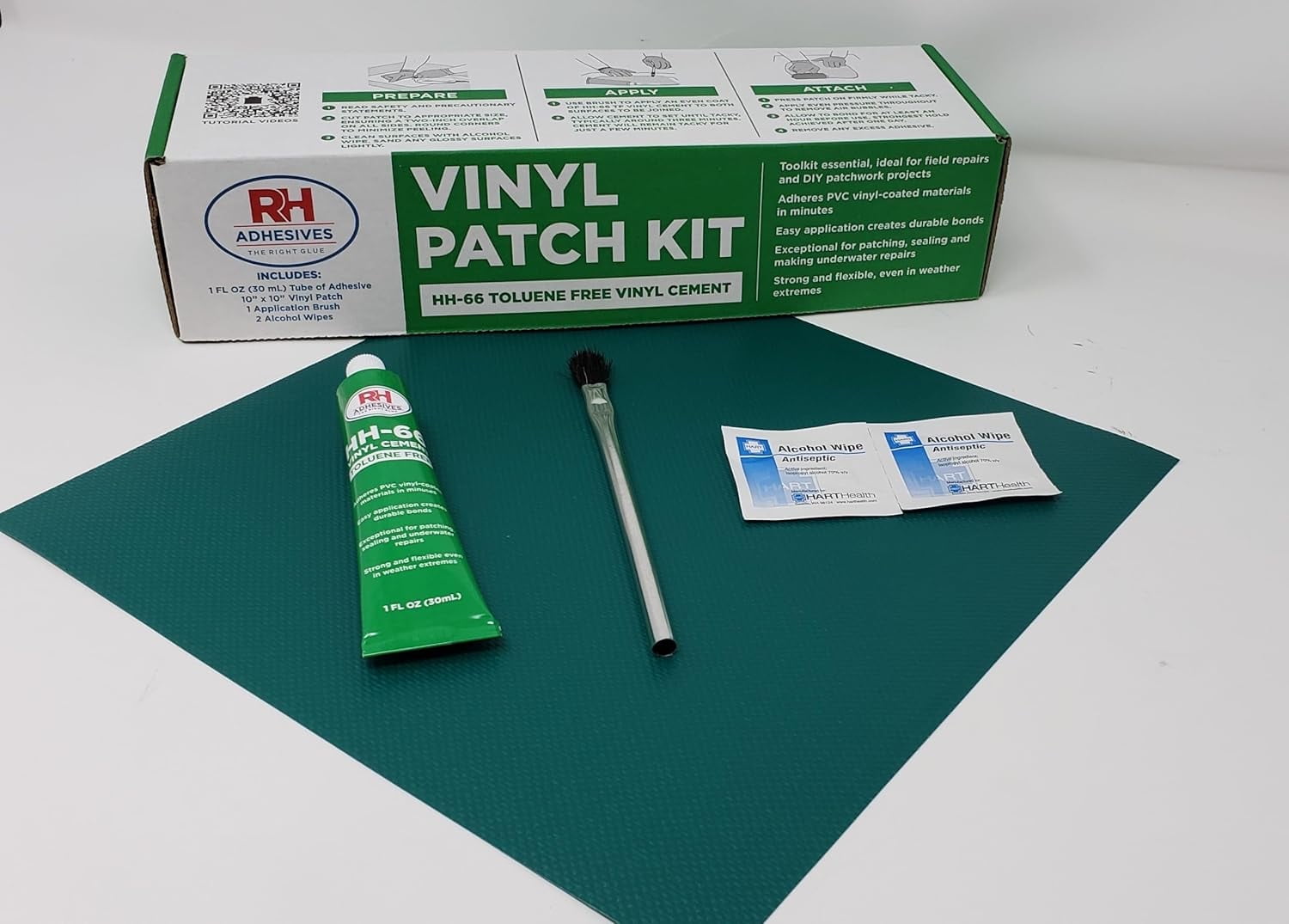 RH Adhesives Vinyl Patch Kit with 10-inch by 10-inch Reinforced Vinyl, 1 oz. Tube of HH-66 TF Vinyl Cement, Applicator Brush, Alcohol Wipes (Green, Heavyweight Vinyl (22 oz.))