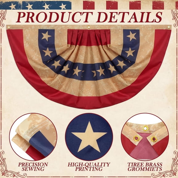 RHDecor 6 Pcs Tea Stained Patriotic Bunting Flags 2x4 ft 250th Anniversary Patriotic Decorations Hanging American Half Fan Flag Banner for Outside Independence Day Memorial Day with Brass Grommets