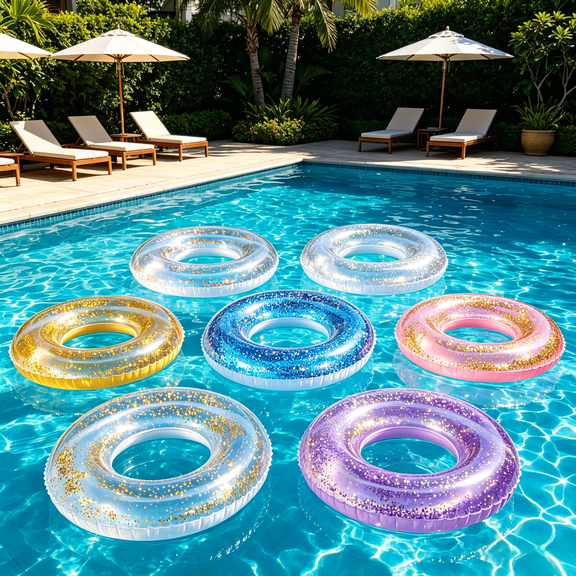 RHDecor 7 Colors Glitter Confetti Swim Ring, Transparent Inflatable Pool Float, Thick PVC Swimming Tube for Adults & Kids, Sparkly Summer Beach & Pool Party Toy,Inflatable Swim Ring