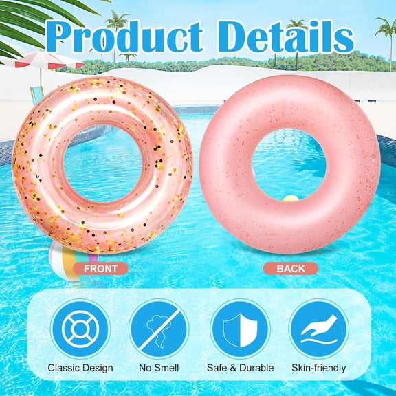 RHDecor Inflatable Gold Glitter Swim Ring, Transparent Pink Pool Float with Confetti, 5 Sizes Durable PVC Swimming Tube for Adults,Summer Water Fun,33.1 Inch