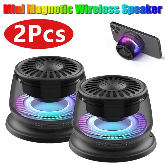 RHEA- 2Pcs Magnetic Portable Bluetooth 5.3 Speaker Mini Sound Phone Holder W/Rgb Light