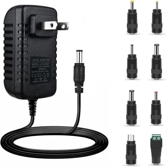 RHEA- 5V 2A Power Adapter, Dc Cord With 8 Selectable Plug, Universal Black