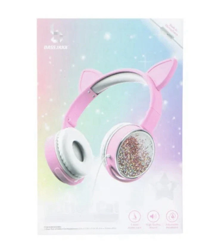 RHEA- Bass Jaxx Cat Ears Pink Glitter Headphones Gaming Headset New Free Shipping
