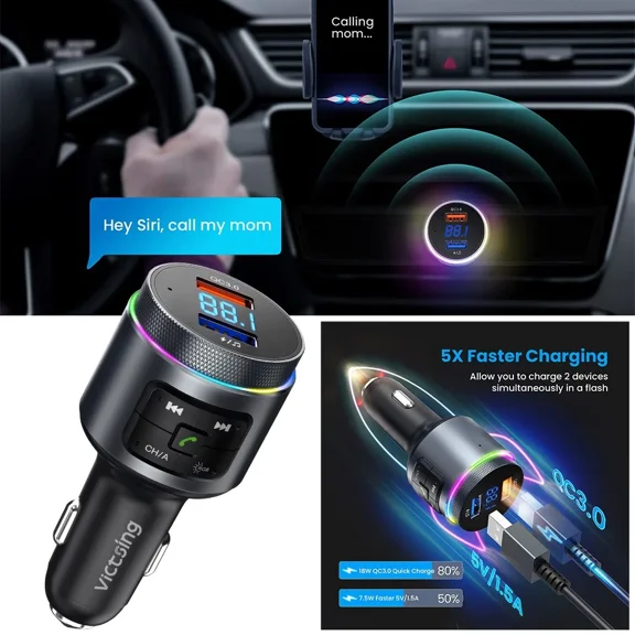RHEA- Bluetooth 5.0 Car Wireless Fm Transmitter Adapter 2Usb Pd Charger Hands-Free Aux