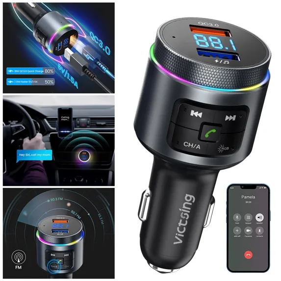 RHEA- Bluetooth5.0 Fm Transmitter Qc3.0 Led Backlit Wireless Radio Adapter Mp3 Player