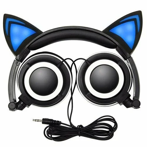RHEA- Cat Ear Wired Foldable Adjustable Hearsets Earphones Flash Blue Light For Mp3